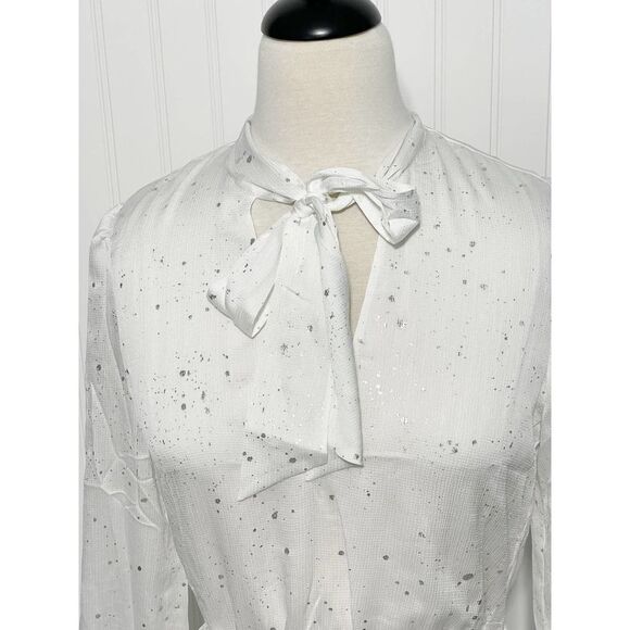 Avec Les Filles Long Sleeve Metallic Splatter Tie Crinkle Mini Dress White Small - Picture 4 of 15